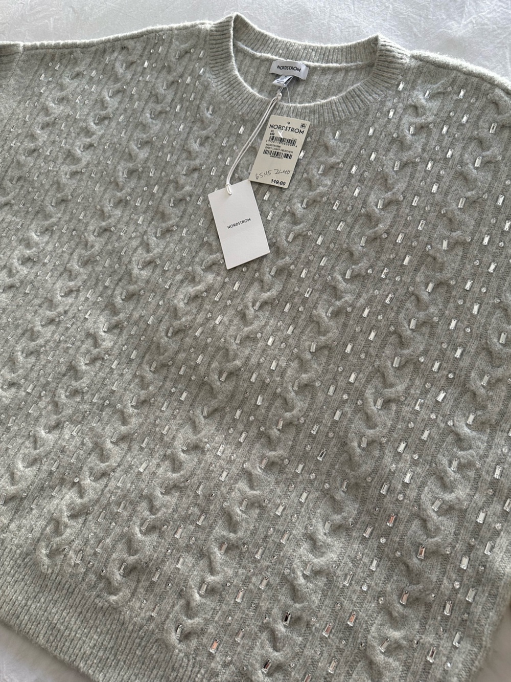 Nordstrom NWT Sparkle Cable Knit Sweater, Light Gray, size XL - Picture 5 of 11